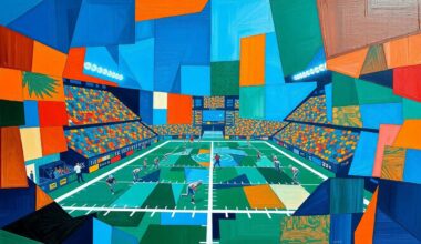 A fragmented, cubist-style painting depicting a Detroit Lions football game or practice, with sharp geometric shapes and planes in vibrant colors like blue, orange, and green, conceptually representing the team