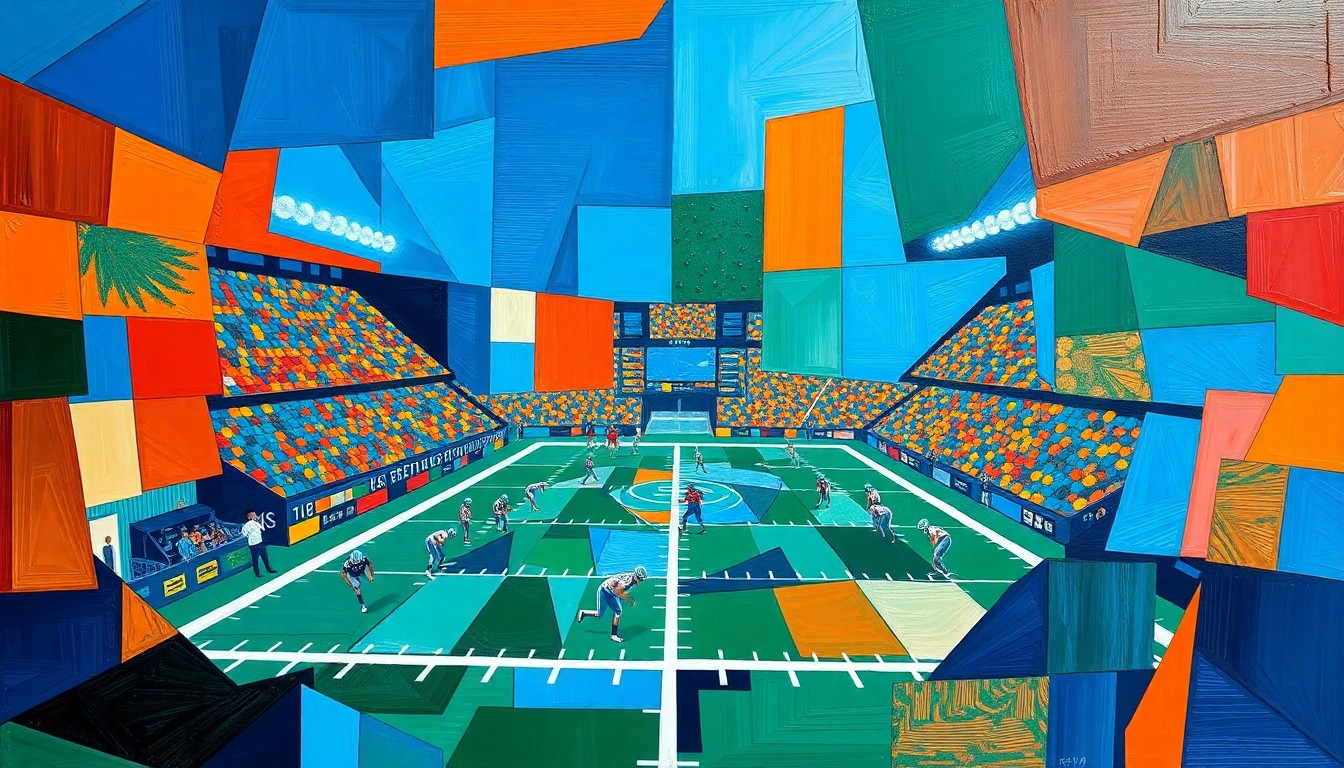 A fragmented, cubist-style painting depicting a Detroit Lions football game or practice, with sharp geometric shapes and planes in vibrant colors like blue, orange, and green, conceptually representing the team