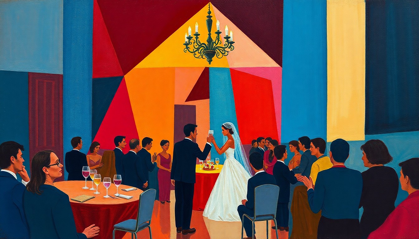 A fragmented, geometric painting in shades of burgundy, ochre, and blue, conceptually representing the personal celebration and life events of a professional football player.