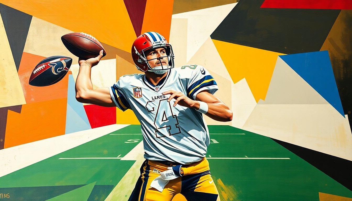 A cubist-style painting depicting a quarterback