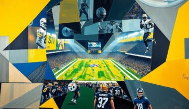 A cubist, geometric painting depicting a fragmented and overlapping scene of a football game, with sharp lines and planes of color representing the dynamic action on the field.