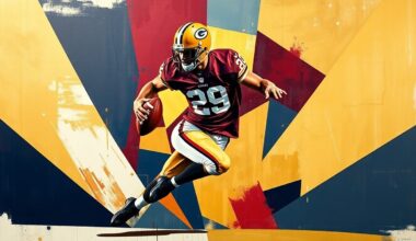 A fragmented, geometric painting depicting a football player in motion, with sharp planes of burgundy, gold, and navy blue representing the dynamic and versatile nature of the player.