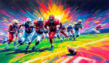 An abstract, expressionist painting featuring blurred, neon-colored football players in motion, capturing the intense energy and drama of a high-stakes NFL game.