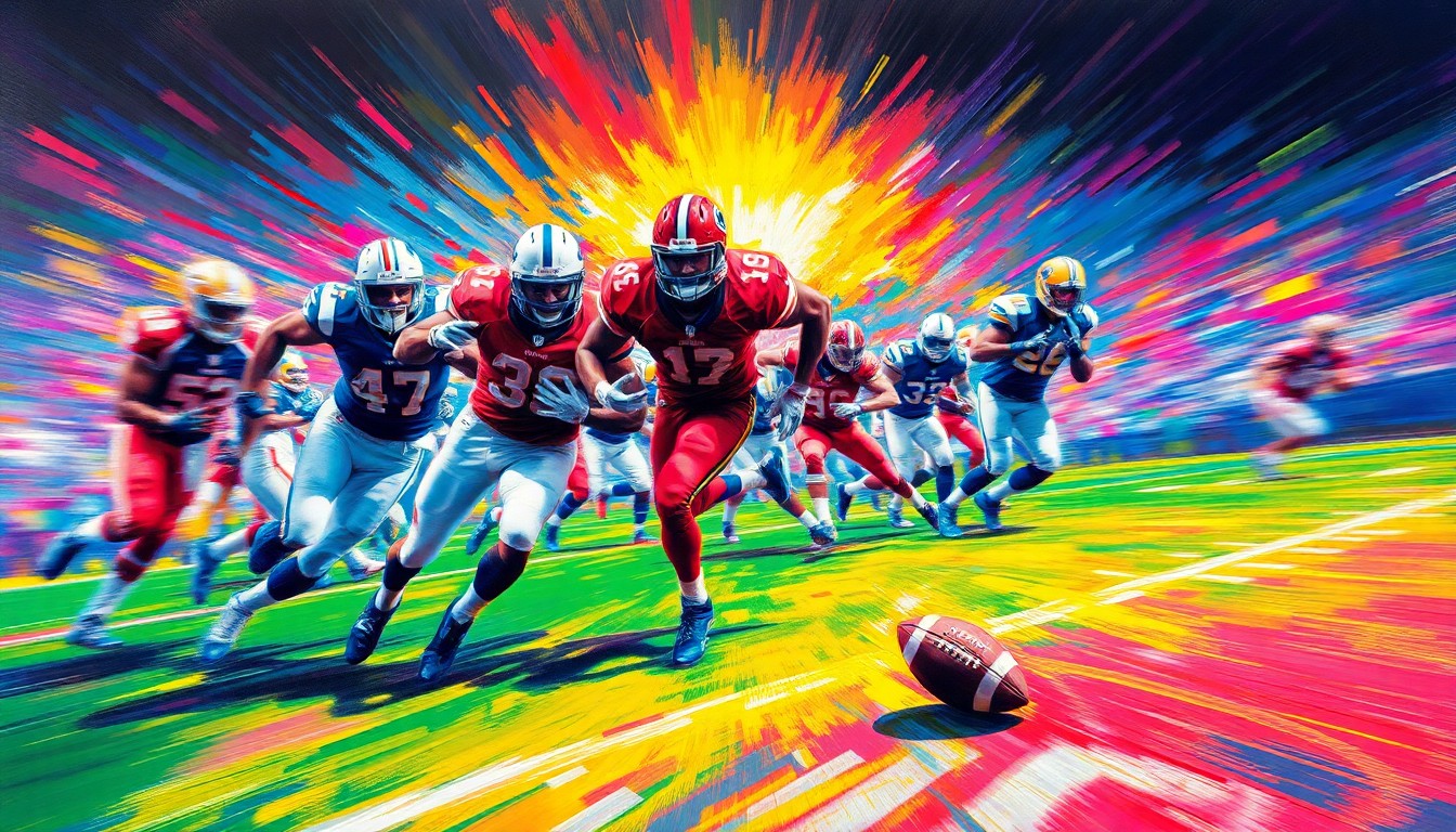 An abstract, expressionist painting featuring blurred, neon-colored football players in motion, capturing the intense energy and drama of a high-stakes NFL game.