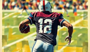 A cubist-style painting depicting a football player in motion, with their body and the field around them broken down into sharp, overlapping geometric shapes and planes, creating a sense of dynamic movement and energy.