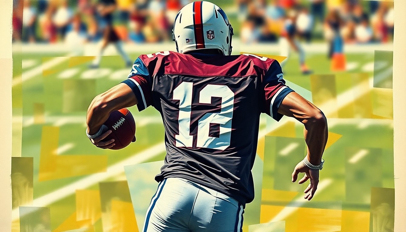 A cubist-style painting depicting a football player in motion, with their body and the field around them broken down into sharp, overlapping geometric shapes and planes, creating a sense of dynamic movement and energy.