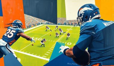 A cubist-style painting depicting a Broncos offensive play, with the players and ball broken down into sharp, overlapping geometric shapes and planes, conveying the dynamic and multifaceted nature of the team