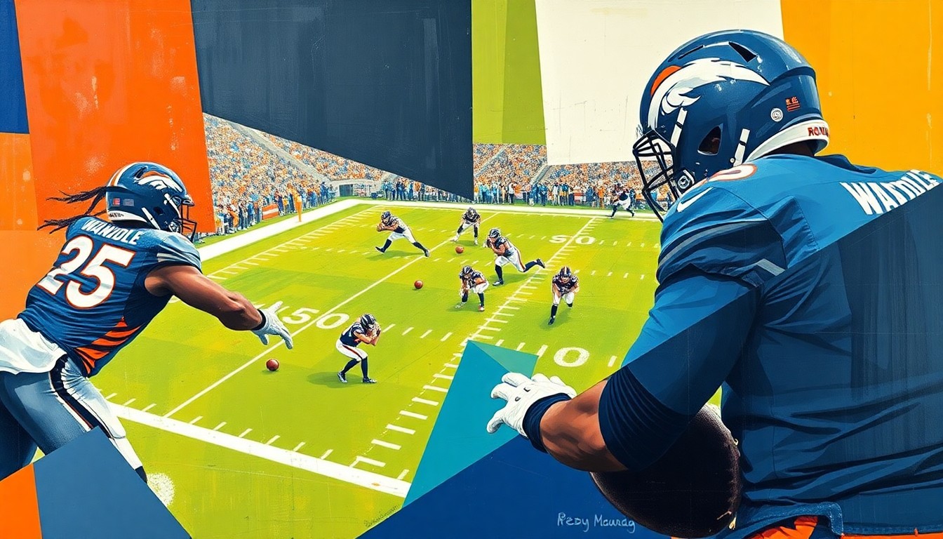 A cubist-style painting depicting a Broncos offensive play, with the players and ball broken down into sharp, overlapping geometric shapes and planes, conveying the dynamic and multifaceted nature of the team