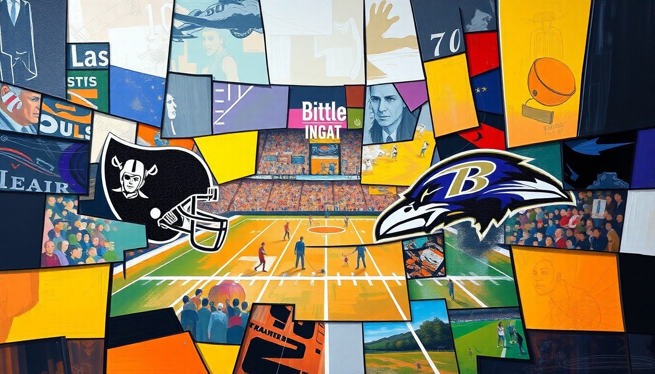 A cubist, geometric painting depicting a fractured, multi-perspective football game, with sharp, overlapping planes of color and form representing the complex negotiations and high stakes involved in a potential trade for the Ravens