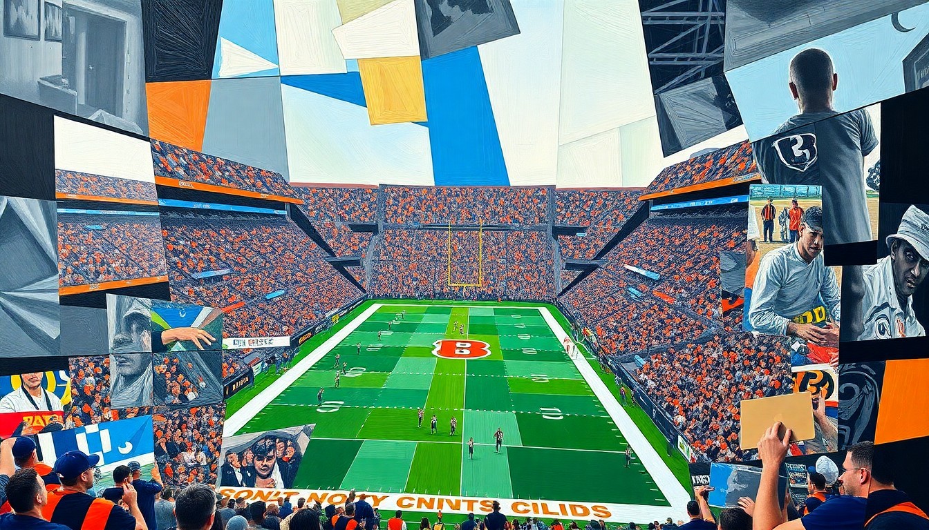 A fractured, geometric painting depicting a football game in motion, with players and the field broken down into sharp, overlapping planes of color and shape, capturing the strategic complexity of the Bengals