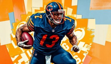 A cubist-style painting depicting a Chicago Bears football player in mid-sack motion, their body broken down into sharp, overlapping geometric shapes and planes in navy blue and orange colors.
