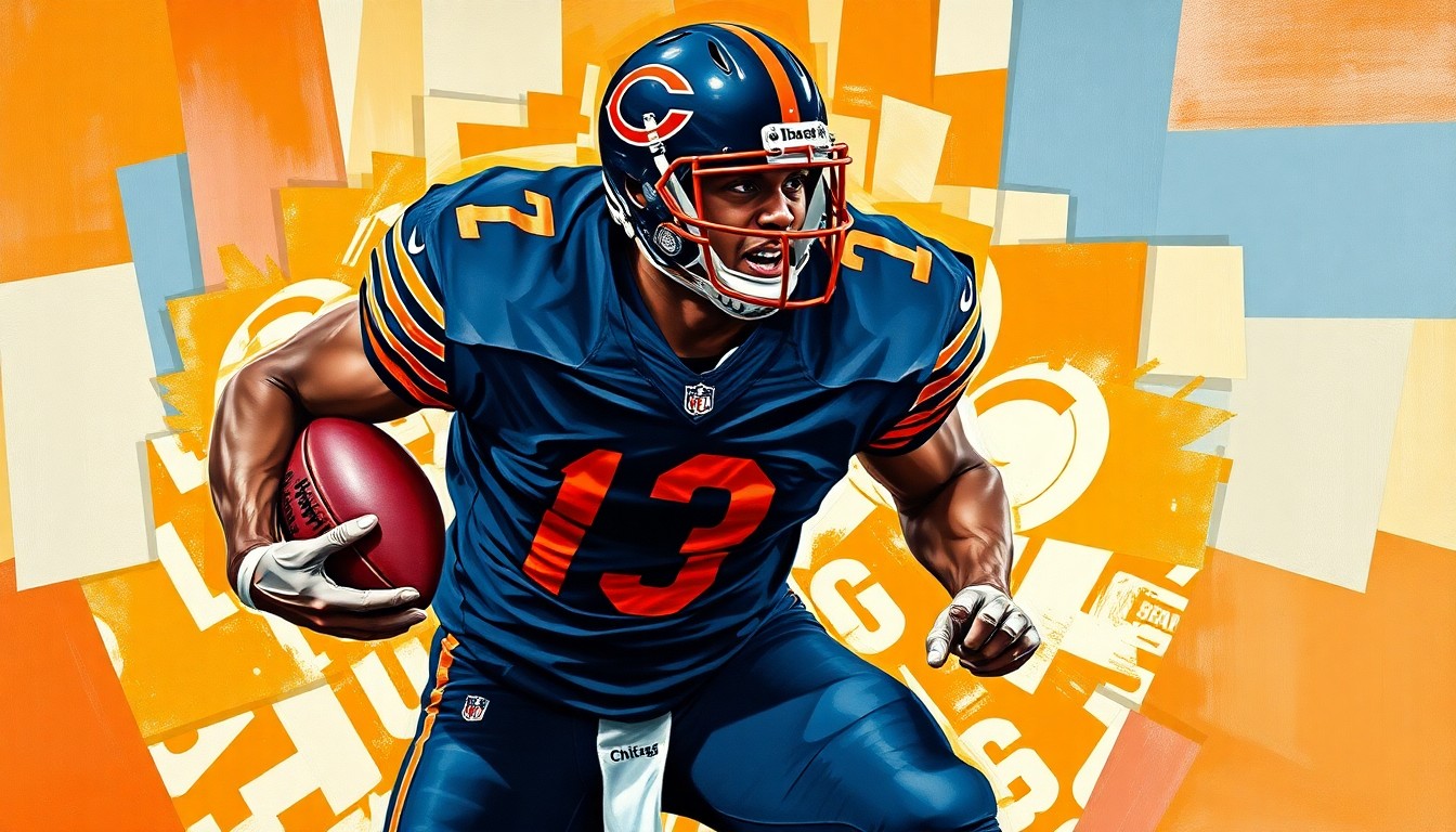 A cubist-style painting depicting a Chicago Bears football player in mid-sack motion, their body broken down into sharp, overlapping geometric shapes and planes in navy blue and orange colors.