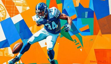 A fragmented, geometric painting depicting a football player in mid-tackle, their body and the football broken down into sharp, overlapping planes of color, capturing the raw energy and multi-dimensional nature of special teams plays.