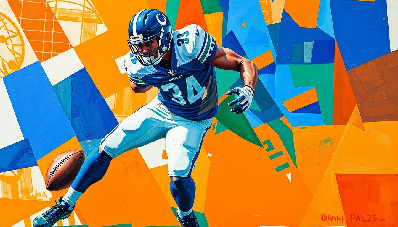 A fragmented, geometric painting depicting a football player in mid-tackle, their body and the football broken down into sharp, overlapping planes of color, capturing the raw energy and multi-dimensional nature of special teams plays.