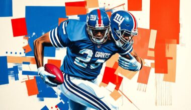 A cubist, geometric painting depicting a football player in mid-motion, with sharp, overlapping planes of blue and red representing the New York Giants