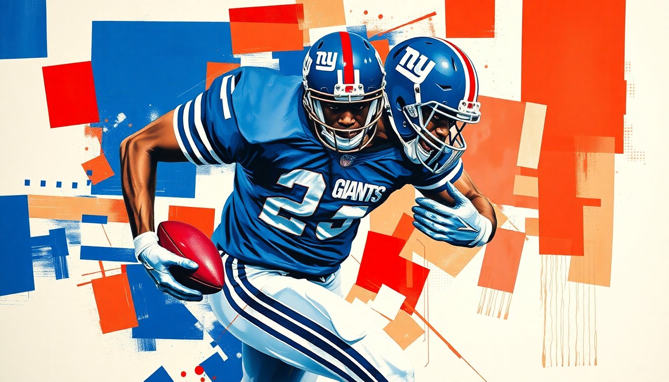A cubist, geometric painting depicting a football player in mid-motion, with sharp, overlapping planes of blue and red representing the New York Giants