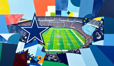 A cubist, geometric painting depicting a fragmented Dallas Cowboys football game, with sharp, overlapping planes of the team