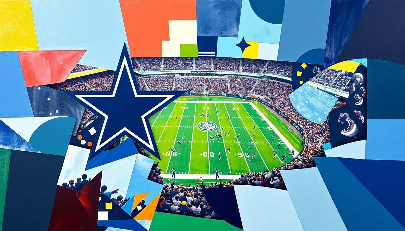 A cubist, geometric painting depicting a fragmented Dallas Cowboys football game, with sharp, overlapping planes of the team