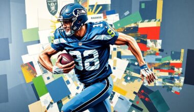 A fractured, cubist-style painting depicting a football player in motion, with sharp geometric planes in the official colors of the Seattle Seahawks and Las Vegas Raiders, conceptually representing the strategic decision-making behind the Seahawks