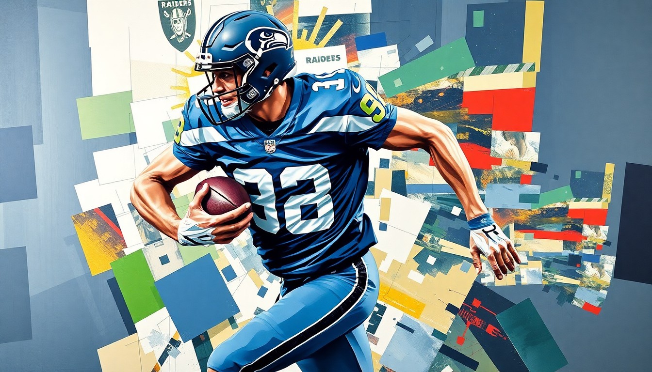 A fractured, cubist-style painting depicting a football player in motion, with sharp geometric planes in the official colors of the Seattle Seahawks and Las Vegas Raiders, conceptually representing the strategic decision-making behind the Seahawks