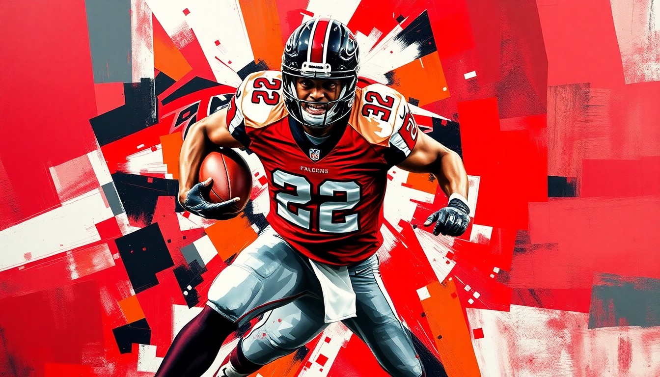 A fractured, cubist-style painting depicting a football player in motion, with sharp geometric planes in the Falcons