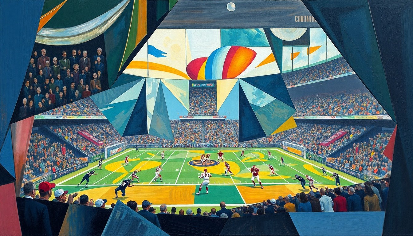 A fragmented, geometric painting depicting a football game scene, with players and the field broken down into sharp, overlapping planes of color and shape, conceptually representing the analytical approach to roster decisions.