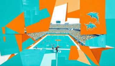 A cubist, geometric painting depicting a Miami Dolphins football game, with the players and field broken down into sharp, overlapping planes of aqua, orange, and white. The abstract, fragmented style captures the intensity and energy of the sport.