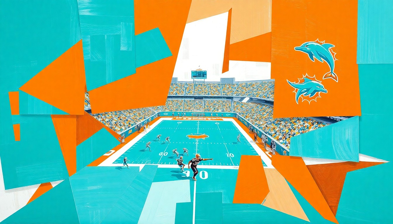 A cubist, geometric painting depicting a Miami Dolphins football game, with the players and field broken down into sharp, overlapping planes of aqua, orange, and white. The abstract, fragmented style captures the intensity and energy of the sport.
