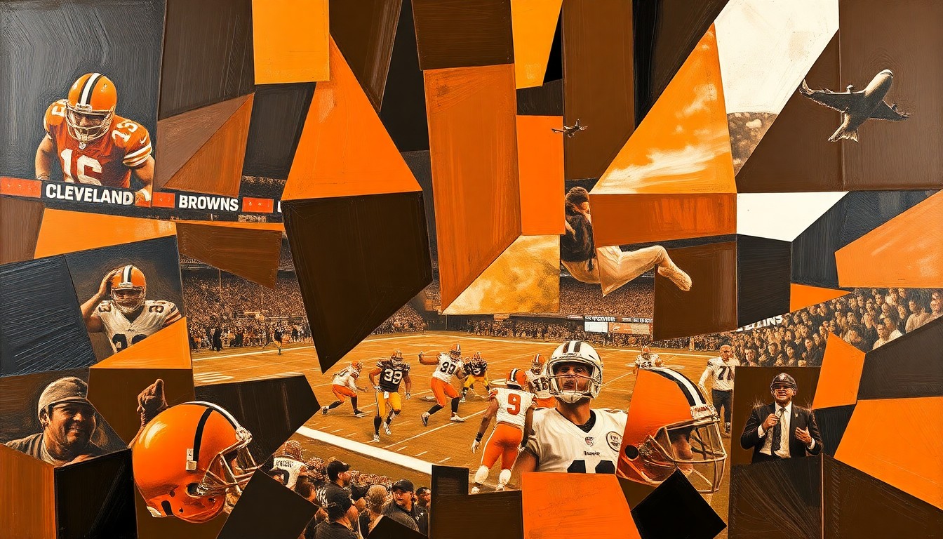 A fragmented, geometric painting in Browns colors depicts the chaotic energy of the NFL draft, with overlapping shapes and planes representing the multifaceted process of evaluating and selecting top prospects.