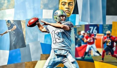 A cubist-style painting depicting a quarterback in motion, with the figure broken down into fragmented geometric shapes and planes, conveying the analytical nature of evaluating a player