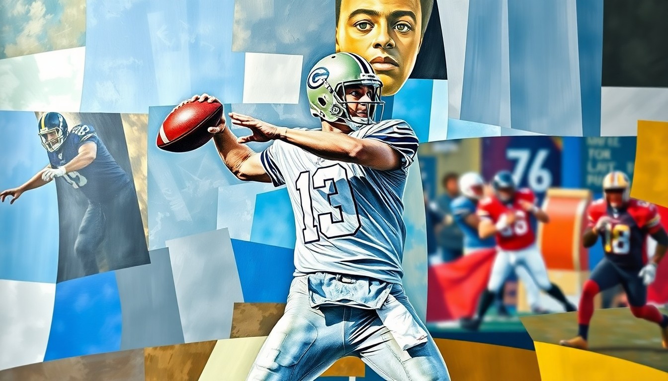 A cubist-style painting depicting a quarterback in motion, with the figure broken down into fragmented geometric shapes and planes, conveying the analytical nature of evaluating a player