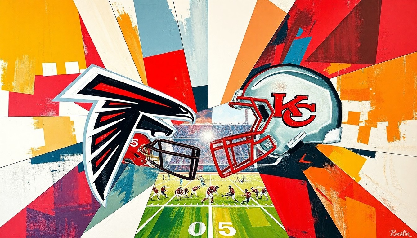 A cubist, geometric painting depicting a football game or match between the Atlanta Falcons and Kansas City Chiefs, with the players and field broken down into sharp, overlapping shapes and planes of color.