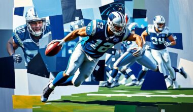A fragmented, cubist-style painting depicting an NFL player rushing the quarterback, with sharp geometric shapes in navy blue, silver, and white representing the Carolina Panthers