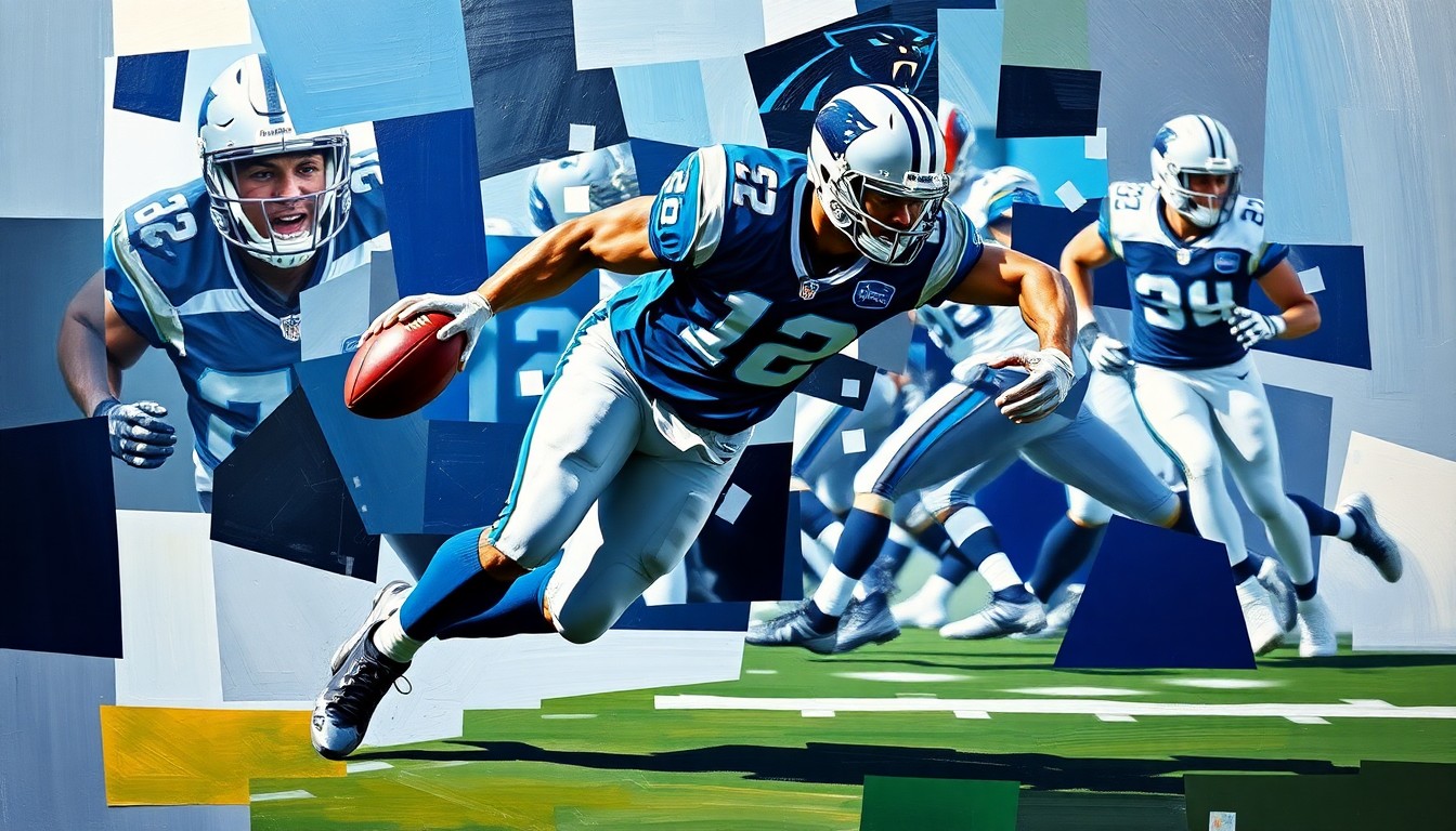A fragmented, cubist-style painting depicting an NFL player rushing the quarterback, with sharp geometric shapes in navy blue, silver, and white representing the Carolina Panthers
