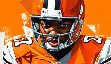 A fragmented, geometric painting depicting a Browns football player, likely Myles Garrett, broken down into sharp, overlapping planes of orange, brown, and white, conveying the dynamic movement and force of an elite pass rusher.