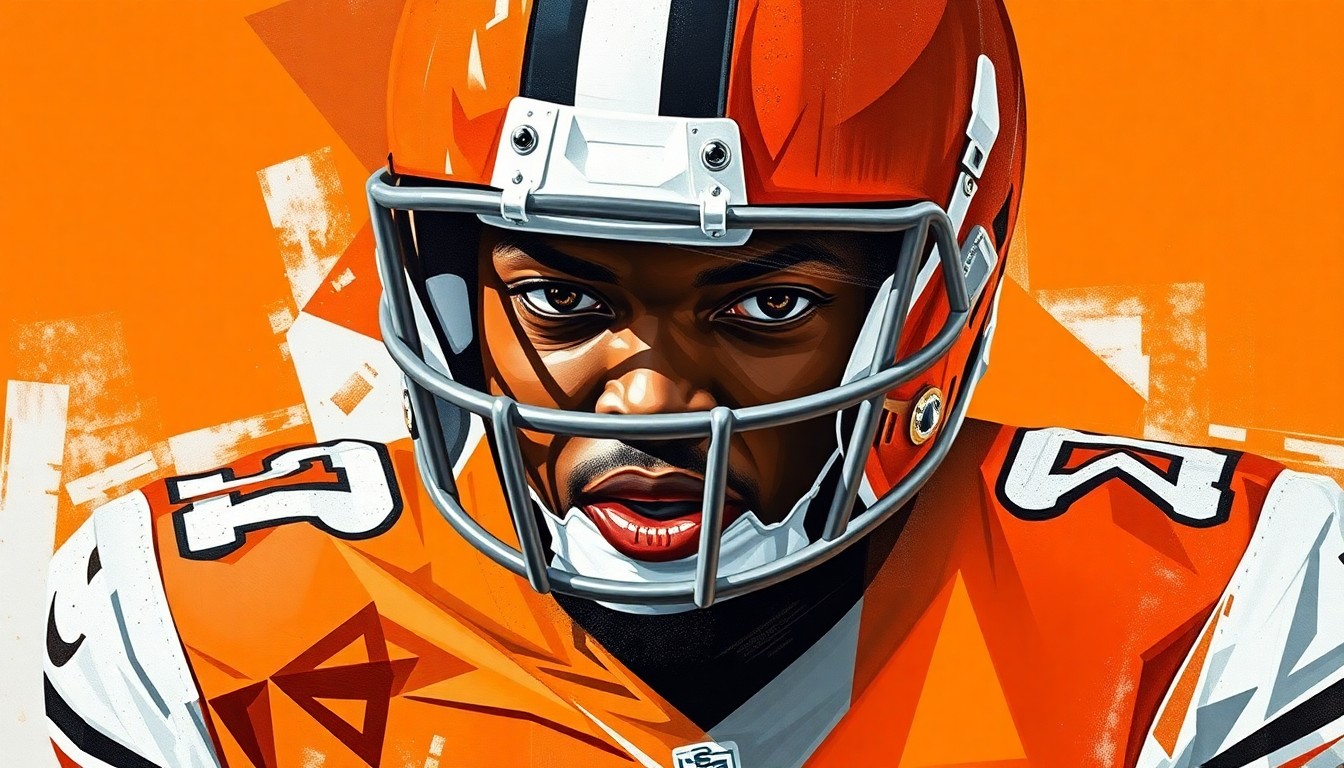 A fragmented, geometric painting depicting a Browns football player, likely Myles Garrett, broken down into sharp, overlapping planes of orange, brown, and white, conveying the dynamic movement and force of an elite pass rusher.