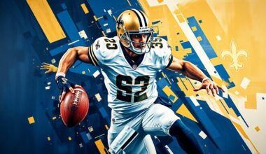 A fragmented, geometric painting depicting the dynamic motion of a football player rushing the passer, with sharp planes of navy blue, gold, and white representing the New Orleans Saints