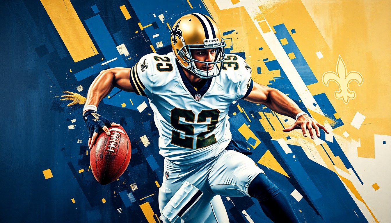 A fragmented, geometric painting depicting the dynamic motion of a football player rushing the passer, with sharp planes of navy blue, gold, and white representing the New Orleans Saints