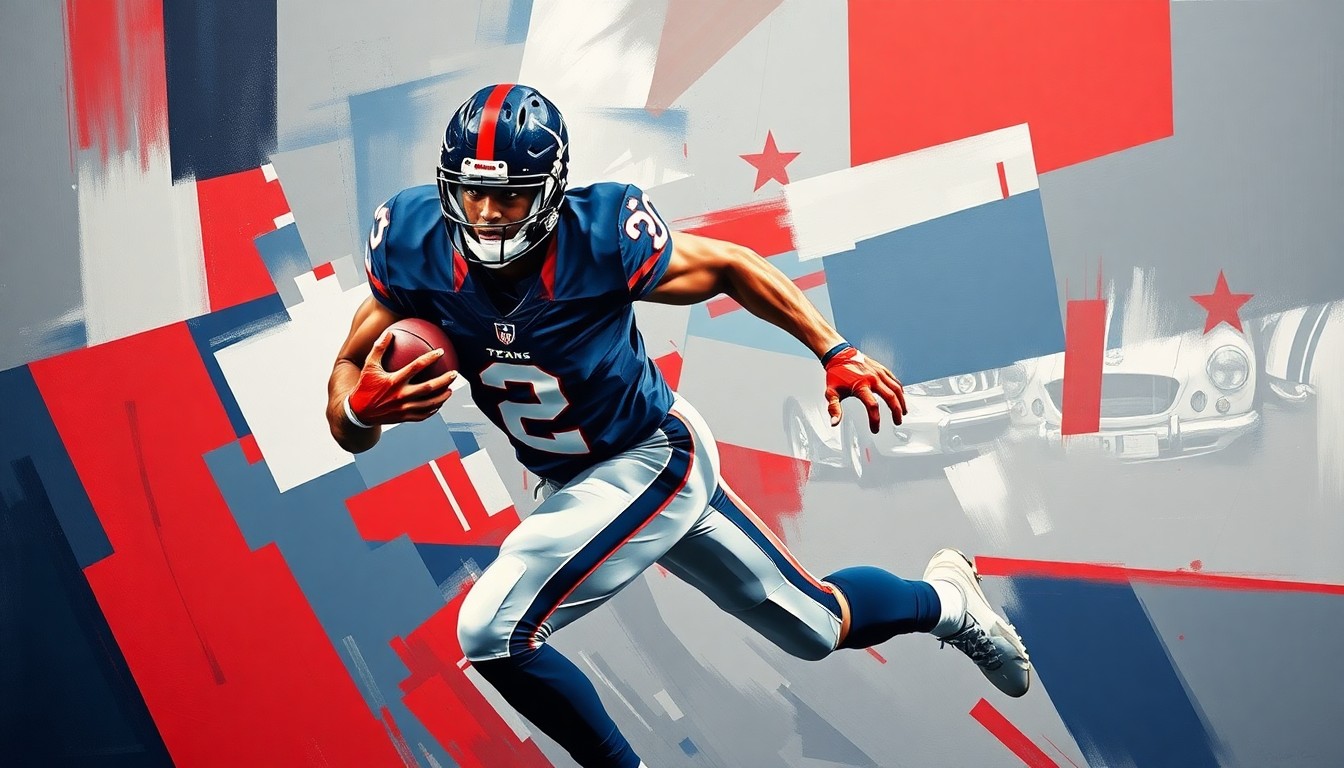 A fractured, cubist-style painting depicting a football player in mid-motion, with sharp, overlapping geometric planes in navy blue, battle red, and steel gray, capturing the raw energy and power of the player