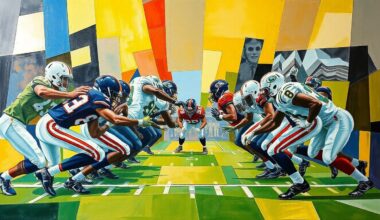 A cubist-style painting depicting an abstract, fragmented scene of an offensive line battle, with sharp geometric shapes and planes representing the physical clash between players.