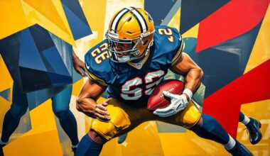 A fragmented, geometric painting depicting a football player in the act of tackling an opposing player, with sharp, overlapping planes of navy blue, gold, and crimson red conveying the explosive energy of the moment.