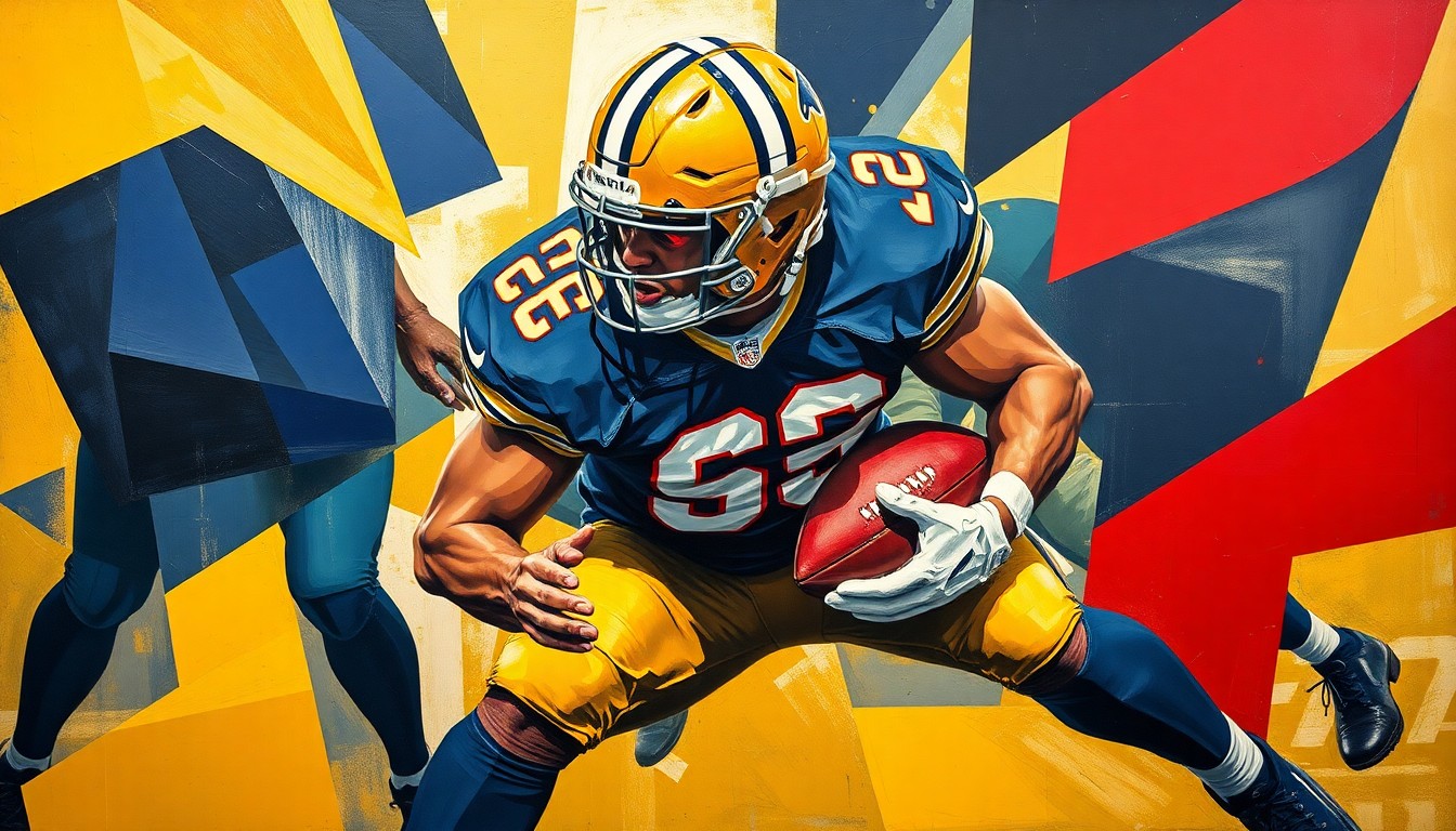 A fragmented, geometric painting depicting a football player in the act of tackling an opposing player, with sharp, overlapping planes of navy blue, gold, and crimson red conveying the explosive energy of the moment.