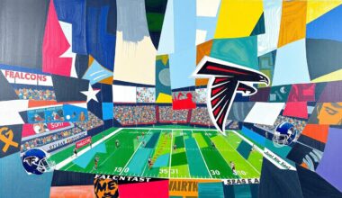 A fragmented, geometric painting in the style of Pablo Picasso, depicting the action and energy of a football game through sharp, overlapping planes of color representing the players and movement on the field.