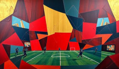 A cubist, geometric painting depicting a football game in motion, with sharp, overlapping planes of red, blue, and gold conveying the raw energy and collaborative nature of the sport.