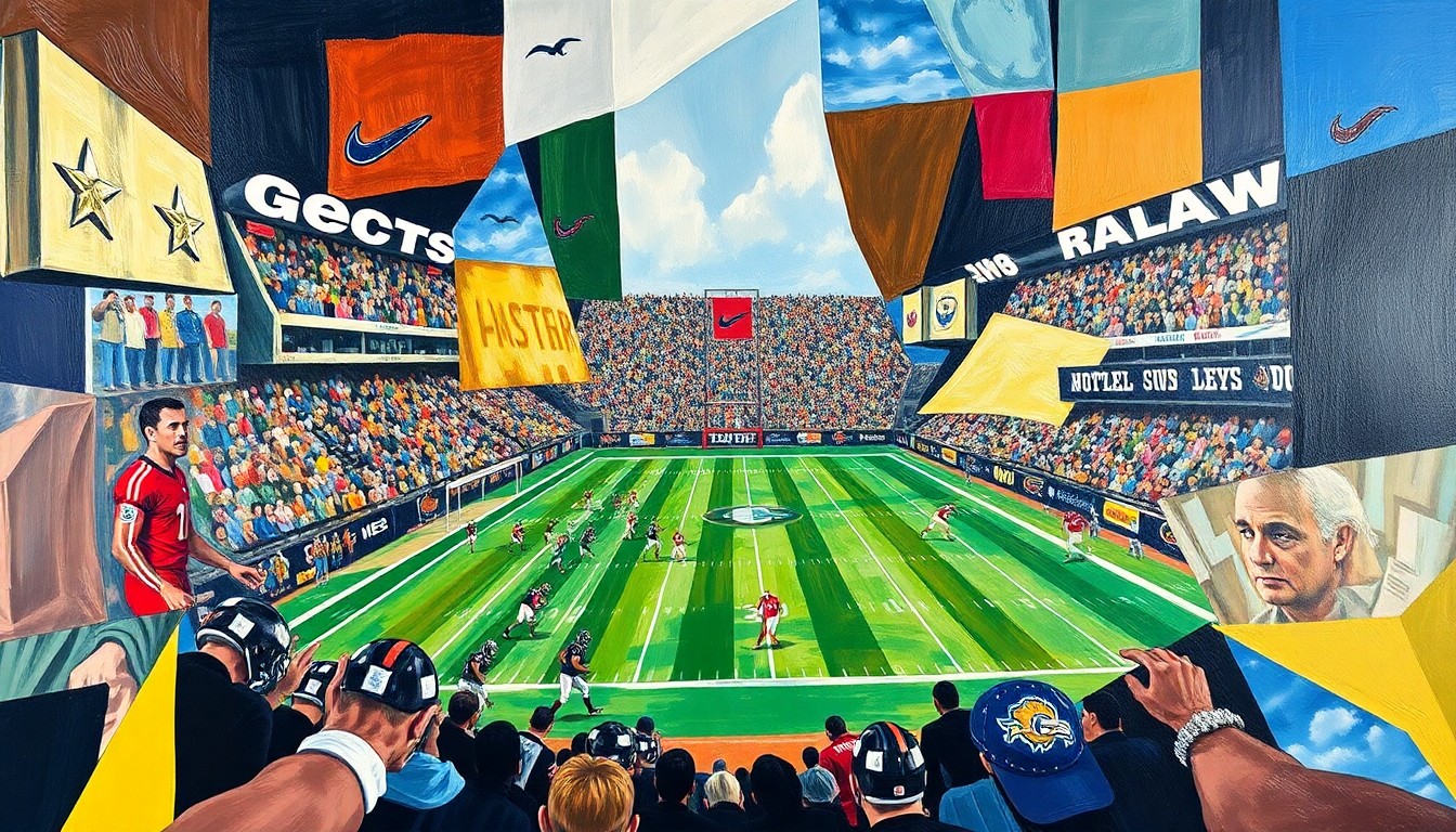 A cubist, geometric painting depicting a fragmented football game, with sharp, overlapping planes of color representing the dynamic action on the field.