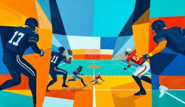 A fragmented, geometric painting depicting a football game, with players and the field reduced to angular, abstracted forms in a vibrant color palette, capturing the strategic complexities of rebuilding an NFL roster.