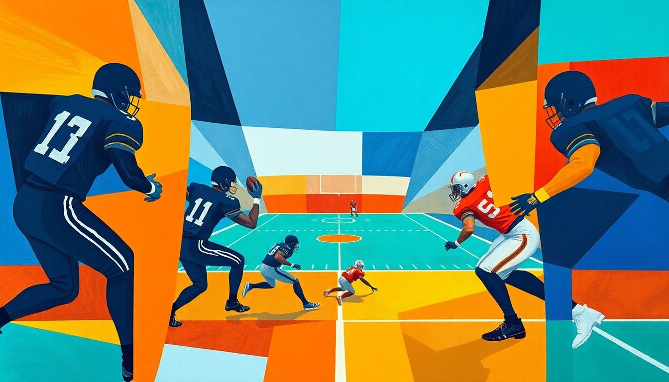 A fragmented, geometric painting depicting a football game, with players and the field reduced to angular, abstracted forms in a vibrant color palette, capturing the strategic complexities of rebuilding an NFL roster.