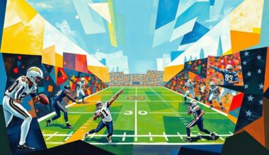 A fragmented, geometric painting depicting an American football game, with players and the field broken down into sharp, overlapping planes of color and abstract shapes, conveying the strategic complexity of the sport.