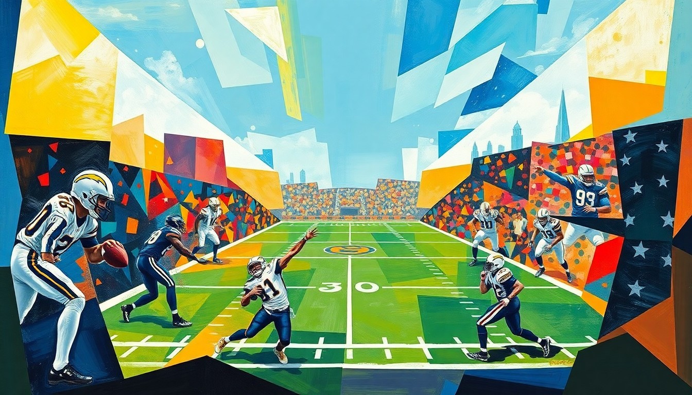 A fragmented, geometric painting depicting an American football game, with players and the field broken down into sharp, overlapping planes of color and abstract shapes, conveying the strategic complexity of the sport.