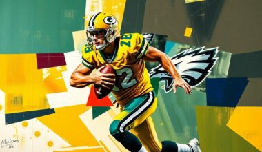 A fractured, multi-perspective painting in vibrant shades of green, gold, and midnight blue, breaking down the motion of a football player into sharp, overlapping geometric planes.